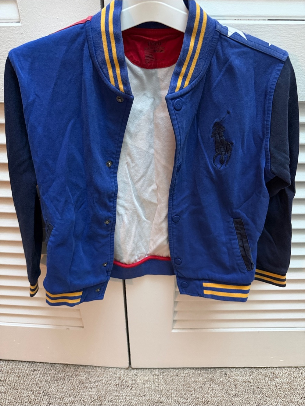 Polo by Ralph Lauren Blue and Navy Kids Varsity Jacket with Yellow Trim
